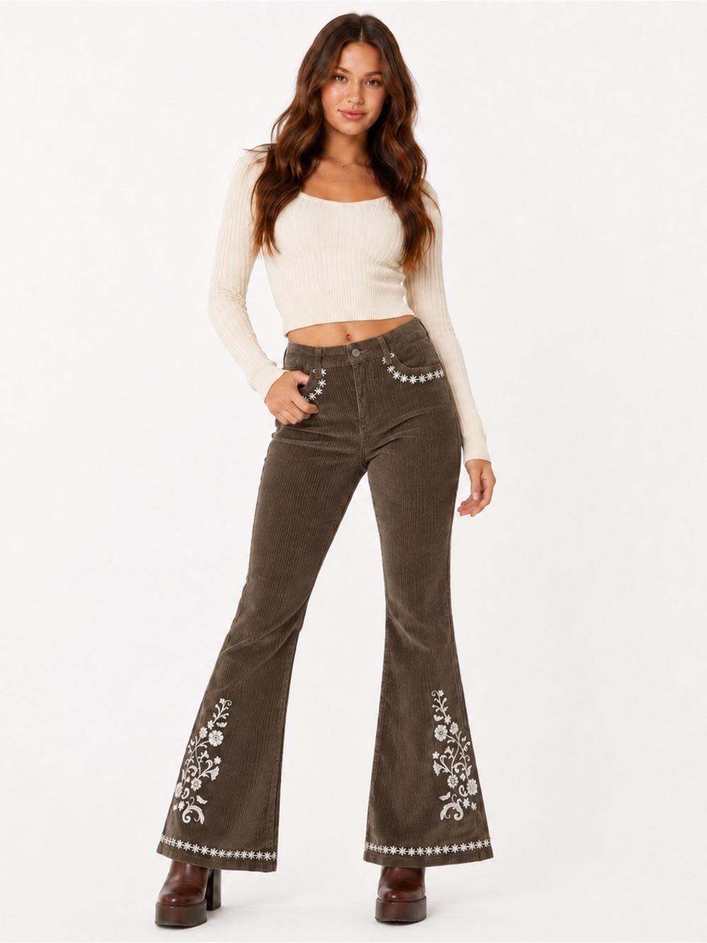 Altar’d State Brown Corduroy Embroidered Flare Pants Size 25